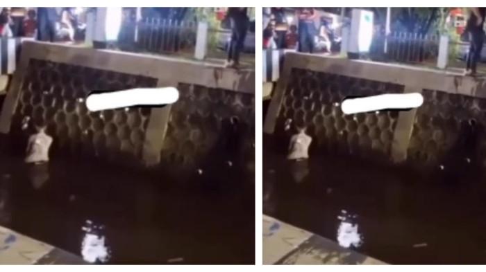 Video yang menampilkan seorang pria tercebur di kali di Jalan M Kahfi 2, Jagakarsa, Jakarta Selatan, menjadi viral di media sosial. (IG@jabodetabek24info)